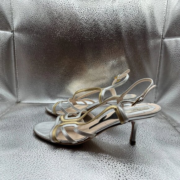 Size EU 35.5 Prada Platinum Gold Womens Leather Strappy Stiletto Heel Sandals - Picture 6 of 9